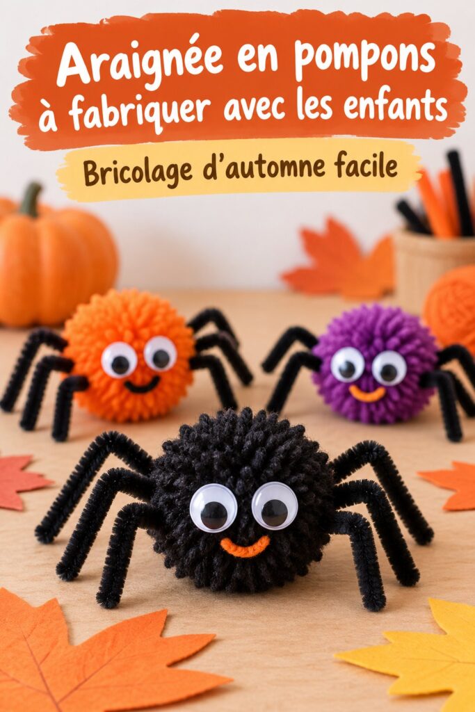 Une araignée en pompons colorés fabriquée par des enfants, mettant en avant la créativité.