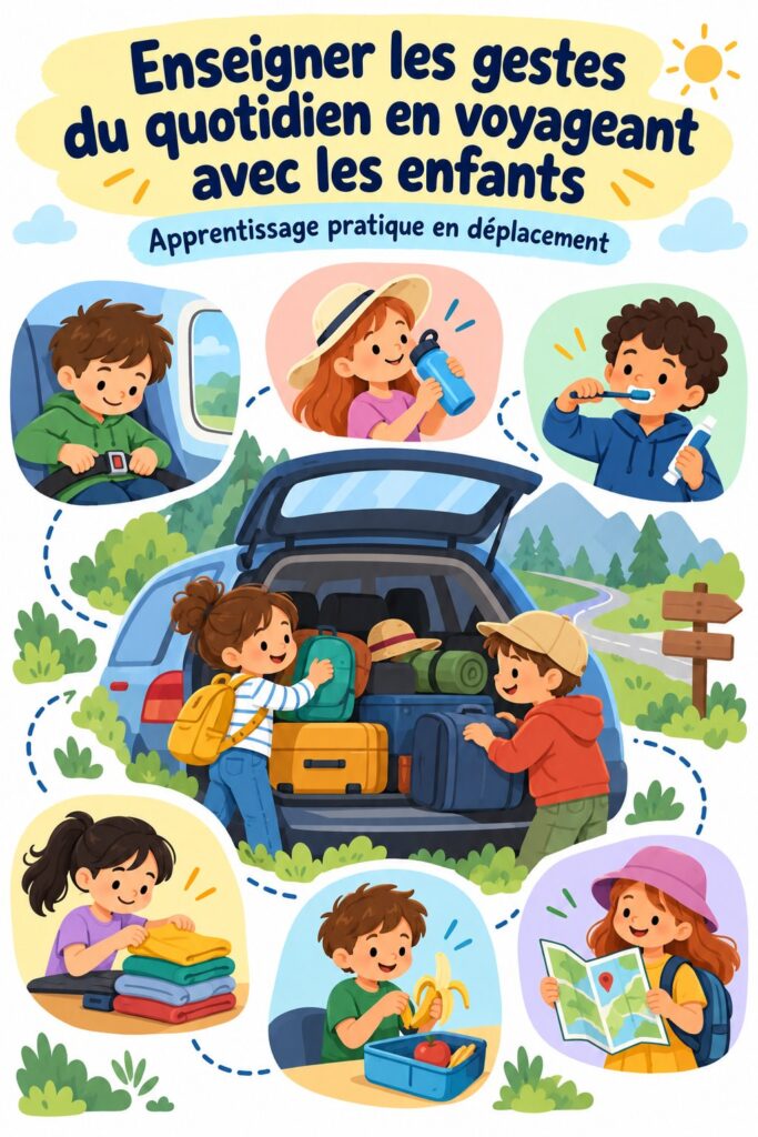 Enfants apprenant des gestes quotidiens en voyage