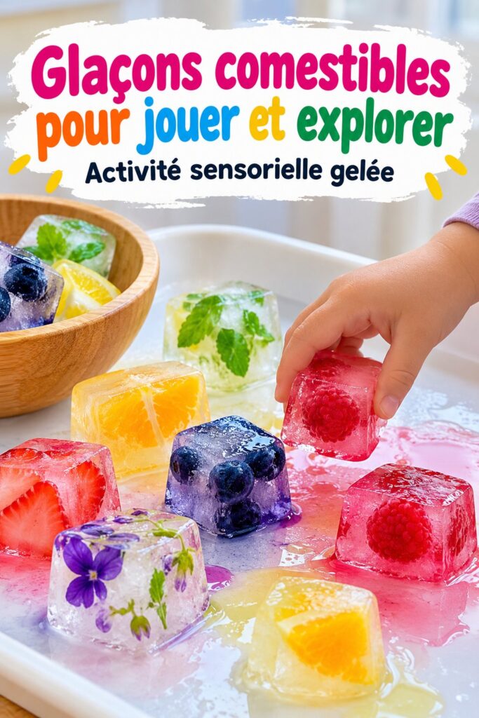 Un enfant s'amusant avec des glaçons comestibles colorés dans une boîte, explorant différents sens.