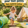 Un jardin transformé en espace de jeu créatif pour tout-petits, avec des jeux et des activités colorées.