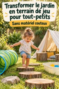 Un jardin transformé en espace de jeu créatif pour tout-petits, avec des jeux et des activités colorées.