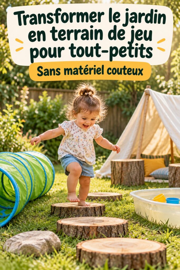 Un jardin transformé en espace de jeu créatif pour tout-petits, avec des jeux et des activités colorées.
