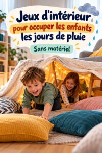 Enfants jouant ensemble à un jeu d'intérieur pendant un jour de pluie.