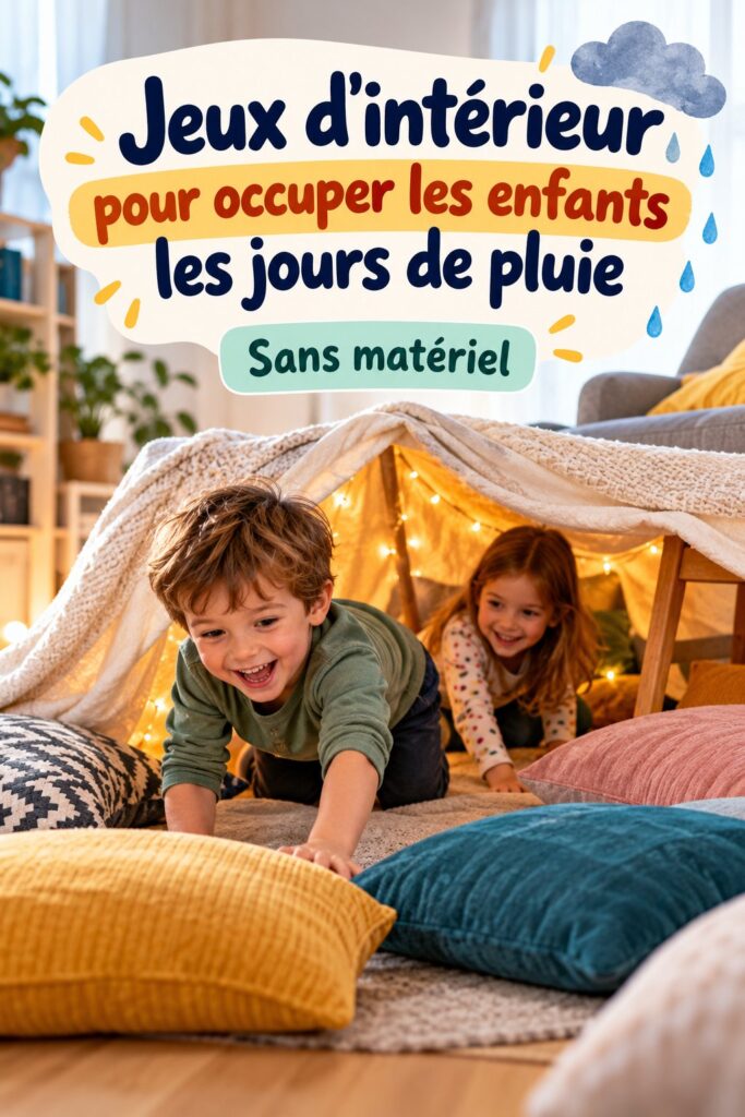 Enfants jouant ensemble à un jeu d'intérieur pendant un jour de pluie.
