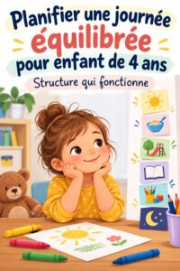 Un enfant de 4 ans s'amusant avec des jouets éducatifs, illustrant une journée équilibrée.