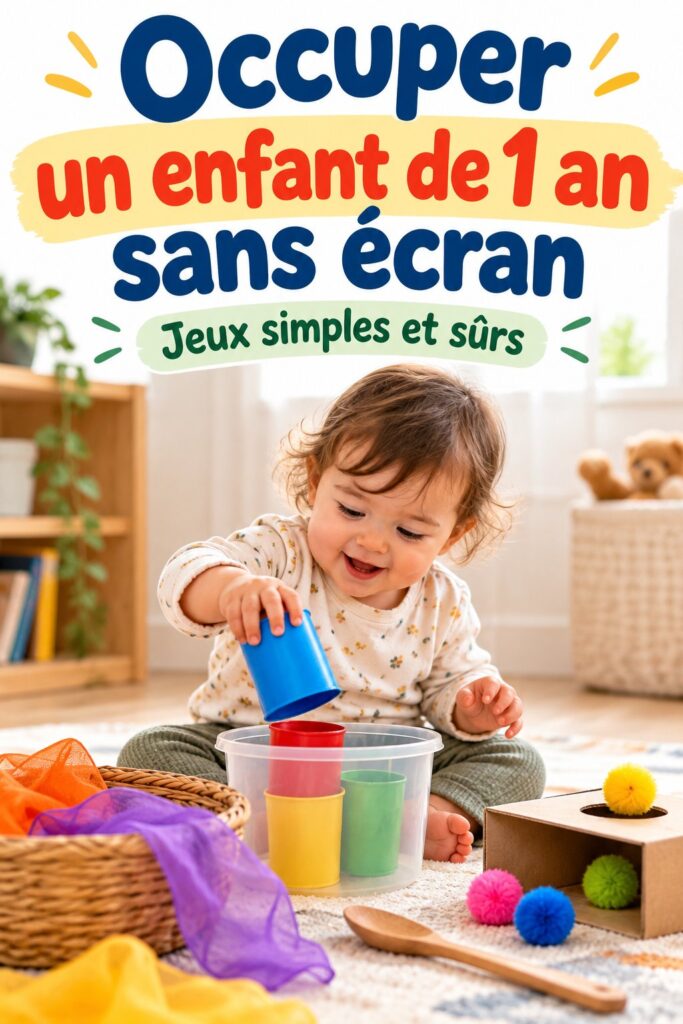 Enfant de 1 an jouant avec des blocs colorés, sans écran.