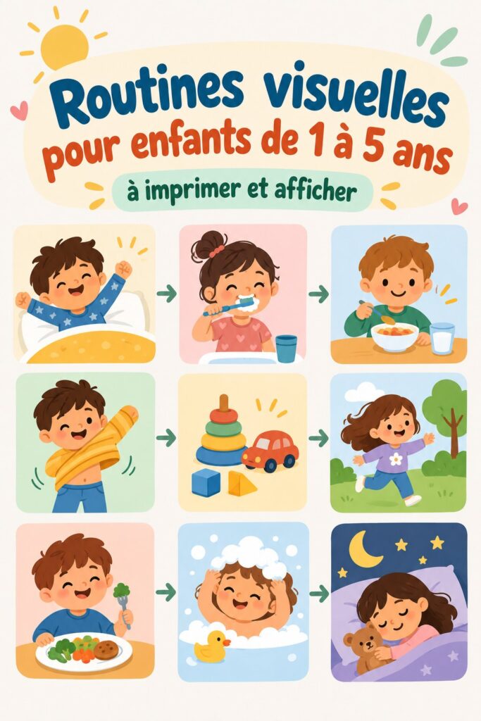 Tableau de routine visuel pour enfants de 1 à 5 ans avec des illustrations colorées