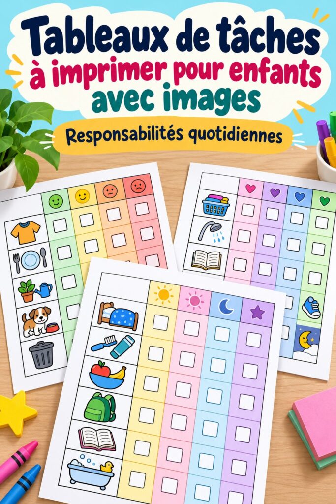 Un tableau de responsabilités coloré pour enfants, avec des images et des tâches.